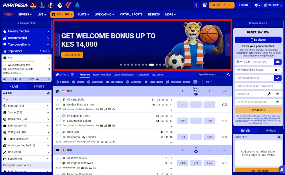 Paripesa Homepage and Welcome Bonus Screenshot